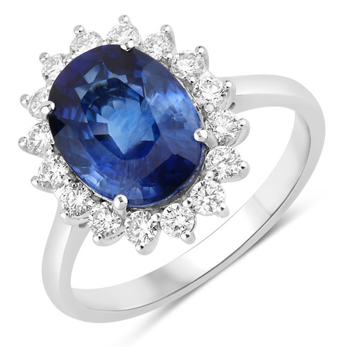 Sapphire-4.54 Carat Genuine Ceylon Blue Sapphire and White Diamond 18K White Gold Ring