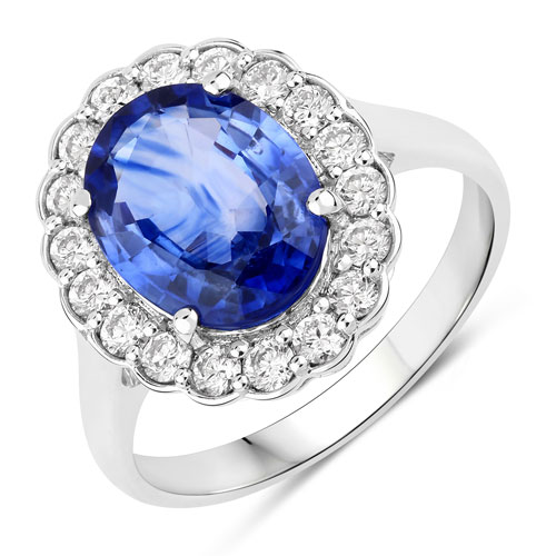 Sapphire-4.09 Carat Genuine Ceylon Blue Sapphire and White Diamond 18K White Gold Ring