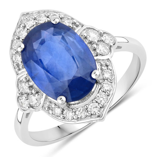 Sapphire-4.18 Carat Genuine Ceylon Blue Sapphire and White Diamond 18K White Gold Ring