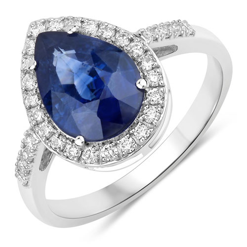 Sapphire-3.33 Carat Genuine Ceylon Blue Sapphire and White Diamond 18K White Gold Ring