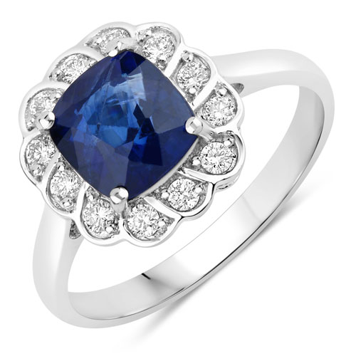 Sapphire-2.60 Carat Genuine Ceylon Blue Sapphire and White Diamond 18K White Gold Ring