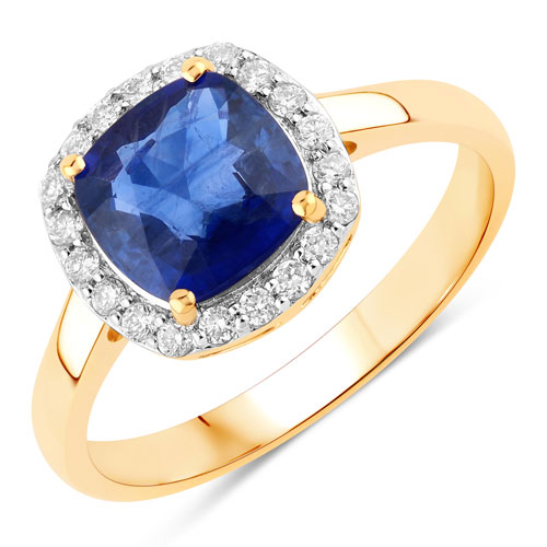 Sapphire-1.96 Carat Genuine Ceylon Blue Sapphire and White Diamond 18K Yellow Gold Ring