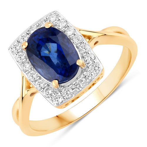 Sapphire-2.83 Carat Genuine Ceylon Blue Sapphire and White Diamond 18K Yellow Gold Ring