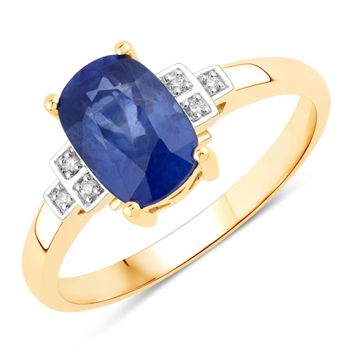 Sapphire-2.17 Carat Genuine Ceylon Blue Sapphire and White Diamond 18K Yellow Gold Ring