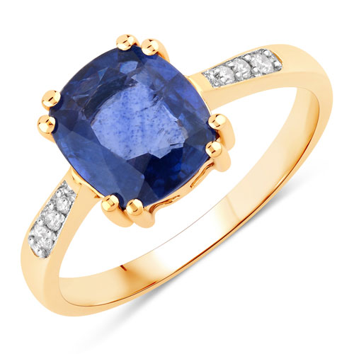 Sapphire-2.31 Carat Genuine Ceylon Blue Sapphire and White Diamond 18K Yellow Gold Ring