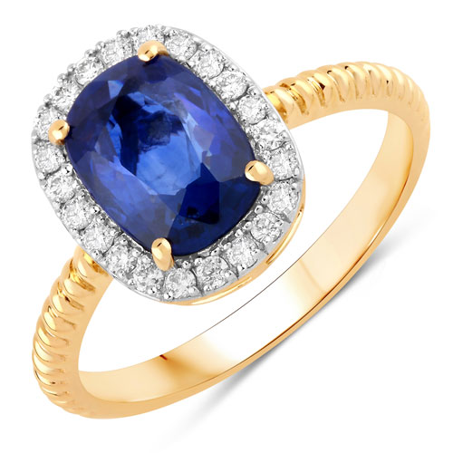 Sapphire-2.40 Carat Genuine Ceylon Blue Sapphire and White Diamond 18K Yellow Gold Ring