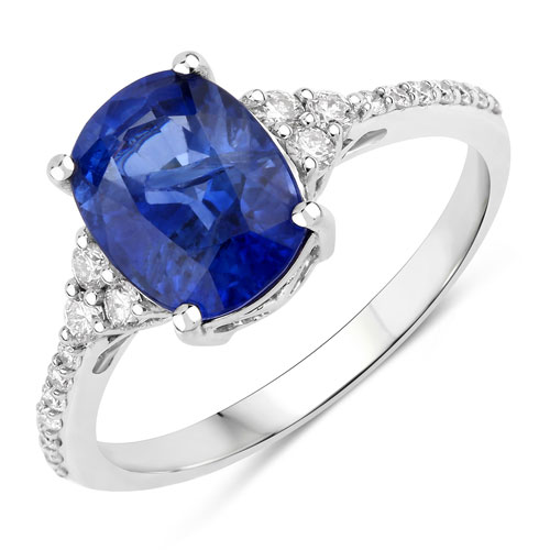 Sapphire-3.08 Carat Genuine Ceylon Blue Sapphire and White Diamond 18K White Gold Ring
