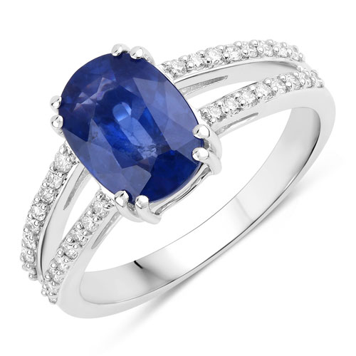 Sapphire-2.90 Carat Genuine Ceylon Blue Sapphire and White Diamond 18K White Gold Ring