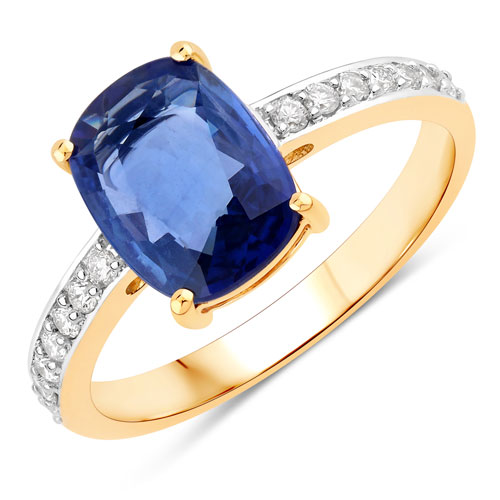 Sapphire-2.47 Carat Genuine Ceylon Blue Sapphire and White Diamond 18K Yellow Gold Ring