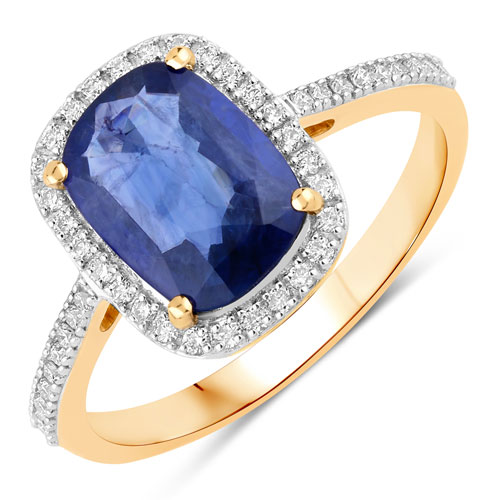 Sapphire-2.15 Carat Genuine Ceylon Blue Sapphire and White Diamond 18K Yellow Gold Ring