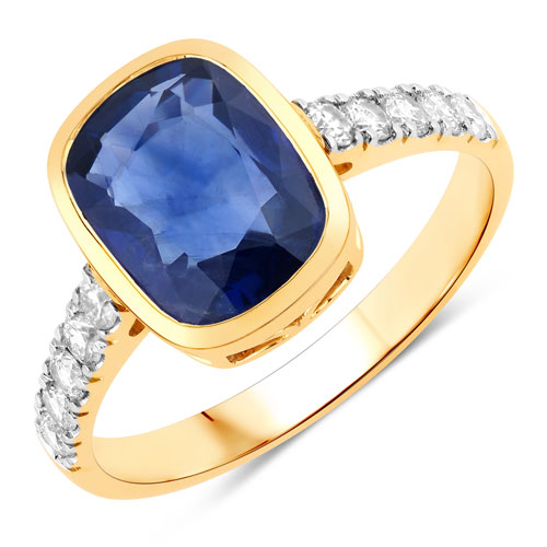 Sapphire-2.95 Carat Genuine Ceylon Blue Sapphire and White Diamond 18K Yellow Gold Ring