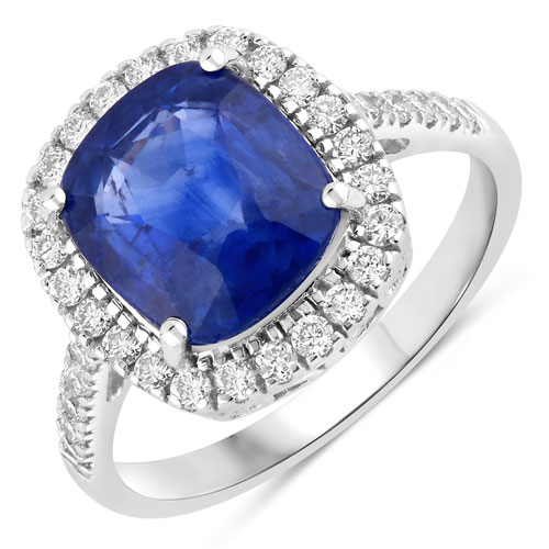 Sapphire-4.83 Carat Genuine Ceylon Blue Sapphire and White Diamond 18K White Gold Ring