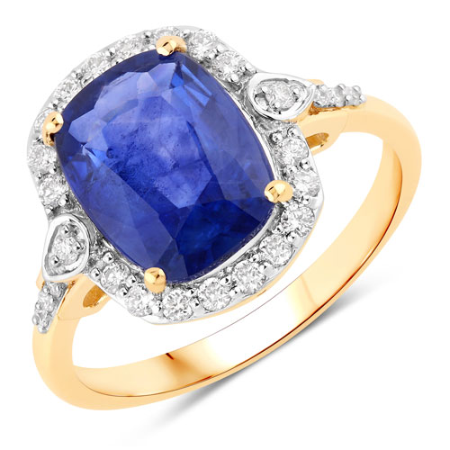 Sapphire-4.03 Carat Genuine Ceylon Blue Sapphire and White Diamond 18K Yellow Gold Ring
