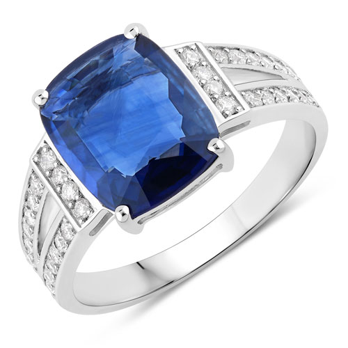 Sapphire-3.43 Carat Genuine Ceylon Blue Sapphire and White Diamond 18K White Gold Ring