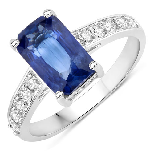 Sapphire-3.24 Carat Genuine Ceylon Blue Sapphire and White Diamond 18K White Gold Ring