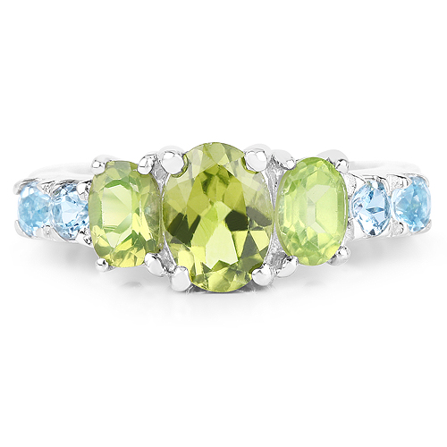 2.48 Carat Genuine Peridot and Blue Topaz .925 Sterling Silver Ring