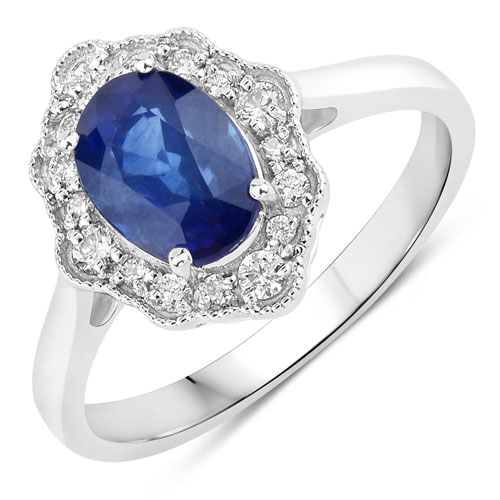 Sapphire-2.27 Carat Genuine Ceylon Blue Sapphire and White Diamond 18K White Gold Ring