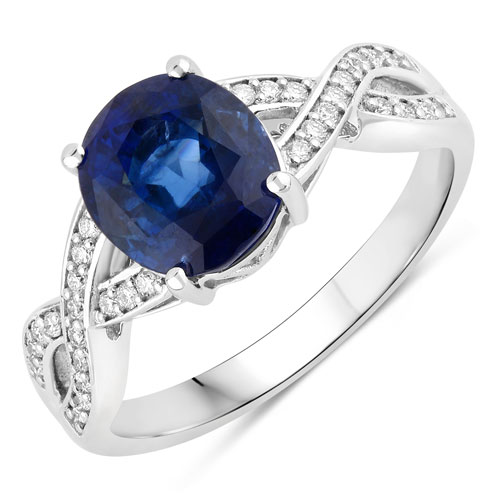Sapphire-3.00 Carat Genuine Ceylon Blue Sapphire and White Diamond 18K White Gold Ring