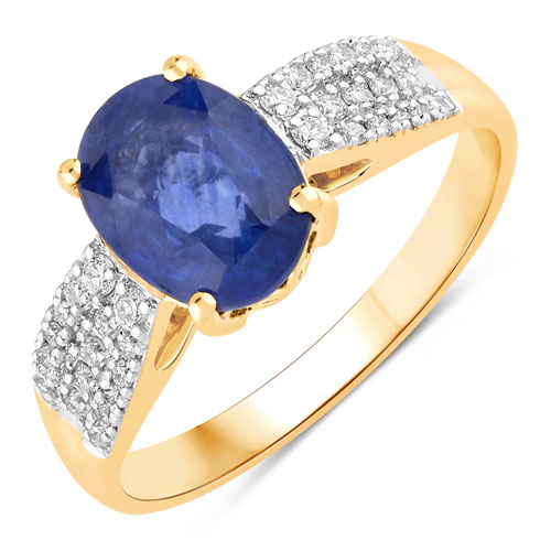 Sapphire-2.89 Carat Genuine Ceylon Blue Sapphire and White Diamond 18K Yellow Gold Ring