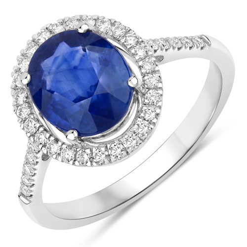 Sapphire-3.21 Carat Genuine Ceylon Blue Sapphire and White Diamond 18K White Gold Ring