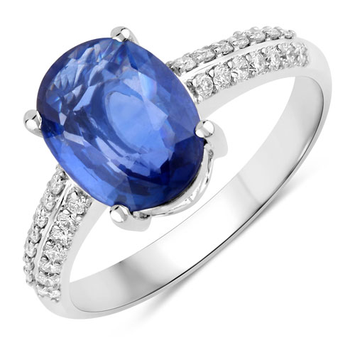 Sapphire-2.48 Carat Genuine Ceylon Blue Sapphire and White Diamond 18K White Gold Ring