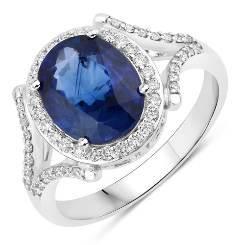 Sapphire-3.72 Carat Genuine Ceylon Blue Sapphire and White Diamond 18K White Gold Ring