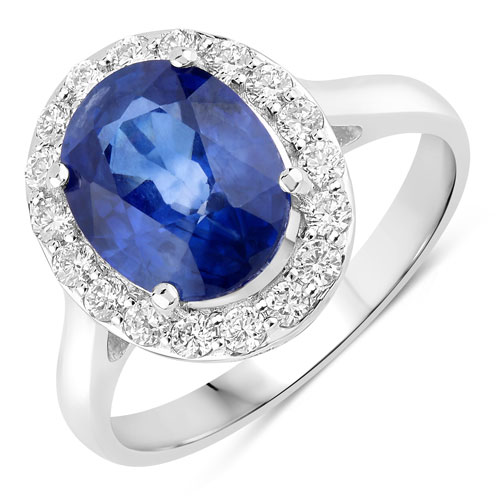 Sapphire-4.51 Carat Genuine Ceylon Blue Sapphire and White Diamond 18K White Gold Ring