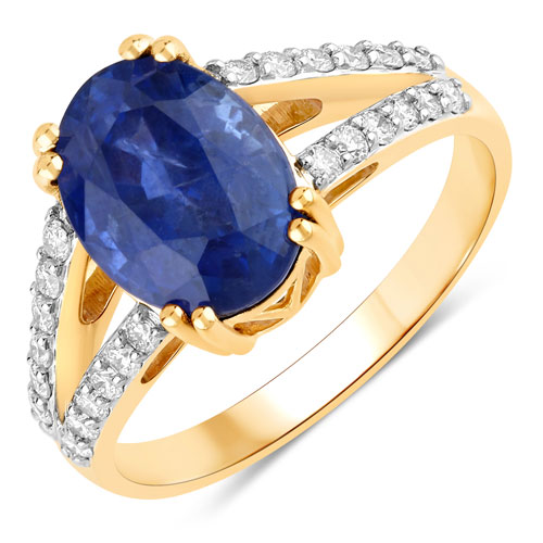 Sapphire-4.28 Carat Genuine Ceylon Blue Sapphire and White Diamond 18K Yellow Gold Ring