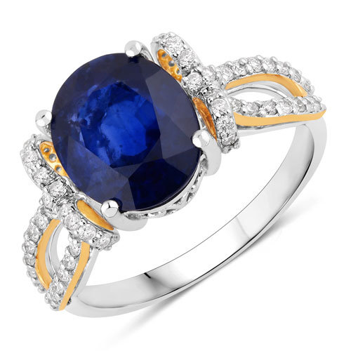 Sapphire-4.21 Carat Genuine Ceylon Blue Sapphire and White Diamond 18K White & Yellow Gold Ring