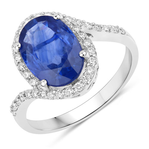 Sapphire-3.89 Carat Genuine Ceylon Blue Sapphire and White Diamond 18K White Gold Ring