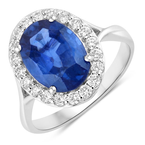 Sapphire-4.30 Carat Genuine Ceylon Blue Sapphire and White Diamond 18K White Gold Ring