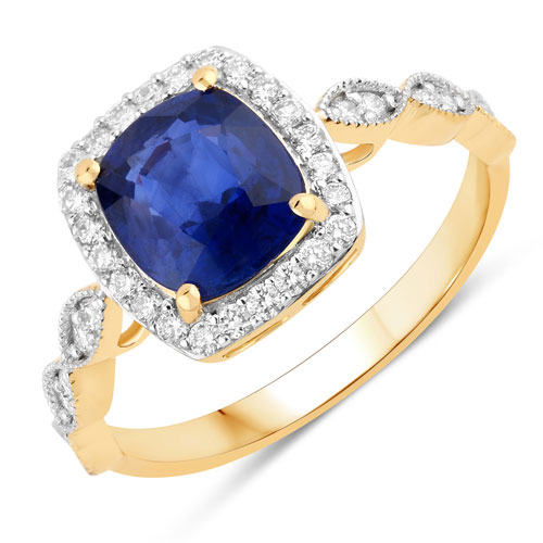 Sapphire-2.28 Carat Genuine Ceylon Blue Sapphire and White Diamond 18K Yellow Gold Ring