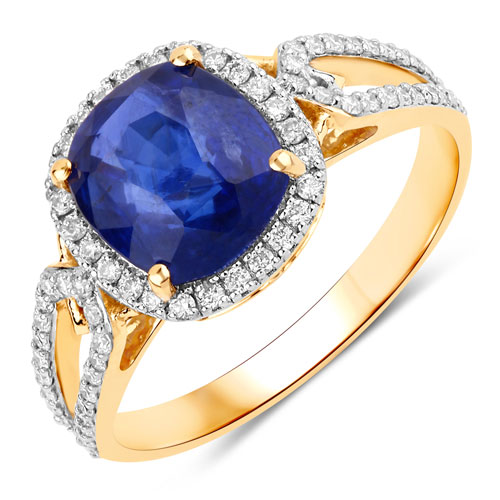 Sapphire-3.11 Carat Genuine Ceylon Blue Sapphire and White Diamond 18K Yellow Gold Ring