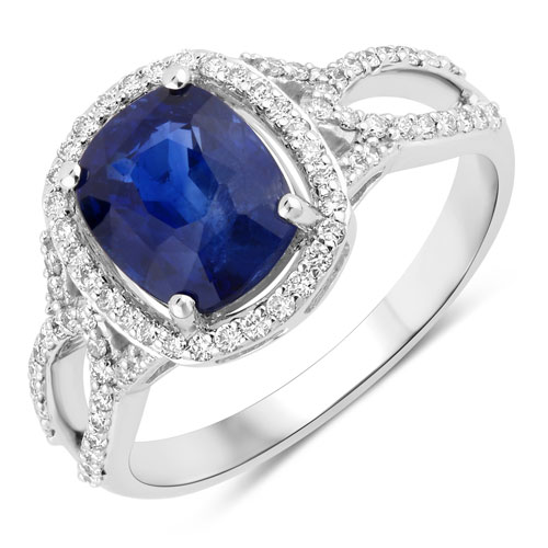 Sapphire-3.00 Carat Genuine Ceylon Blue Sapphire and White Diamond 18K White Gold Ring