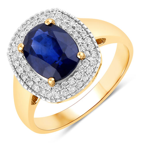 Sapphire-2.73 Carat Genuine Ceylon Blue Sapphire and White Diamond 18K Yellow Gold Ring