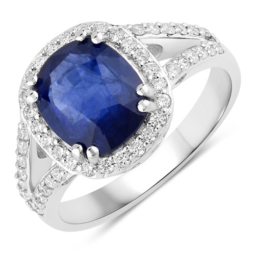Sapphire-3.55 Carat Genuine Ceylon Blue Sapphire and White Diamond 18K White Gold Ring