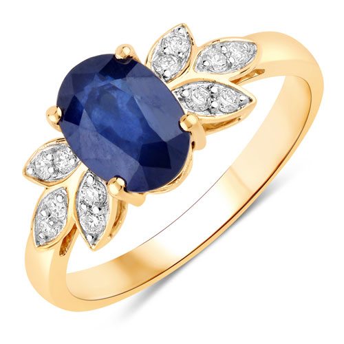 Sapphire-2.12 Carat Genuine Ceylon Blue Sapphire and White Diamond 18K Yellow Gold Ring