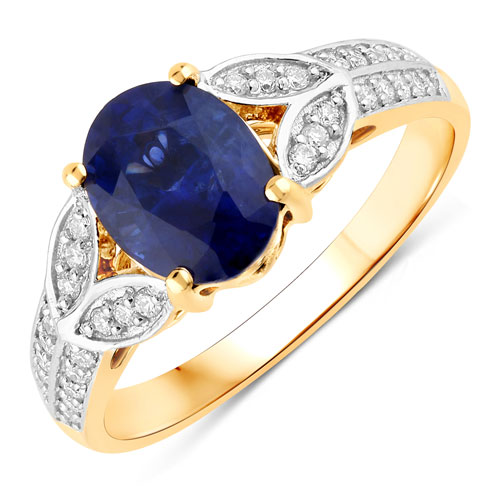 Sapphire-2.25 Carat Genuine Ceylon Blue Sapphire and White Diamond 18K Yellow Gold Ring
