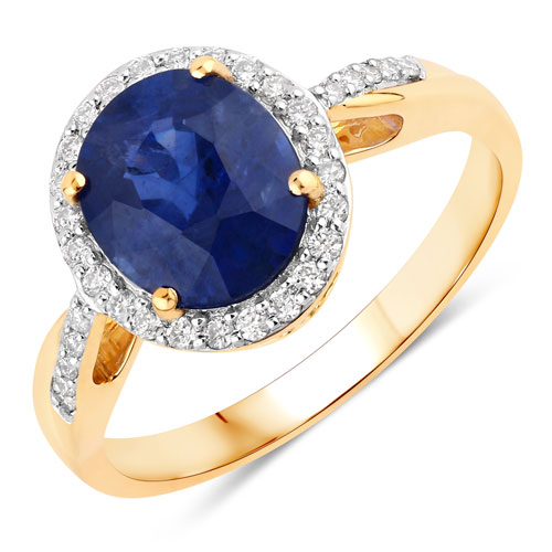 Sapphire-2.86 Carat Genuine Ceylon Blue Sapphire and White Diamond 18K Yellow Gold Ring