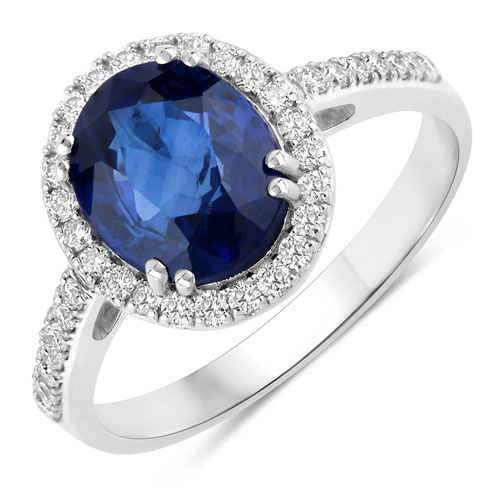 Sapphire-3.10 Carat Genuine Ceylon Blue Sapphire and White Diamond 18K White Gold Ring