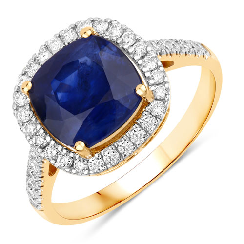Sapphire-3.76 Carat Genuine Ceylon Blue Sapphire and White Diamond 18K Yellow Gold Ring