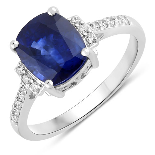 Sapphire-3.65 Carat Genuine Ceylon Blue Sapphire and White Diamond 18K White Gold Ring