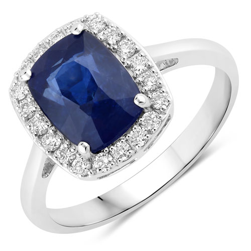 Sapphire-3.44 Carat Genuine Ceylon Blue Sapphire and White Diamond 18K White Gold Ring