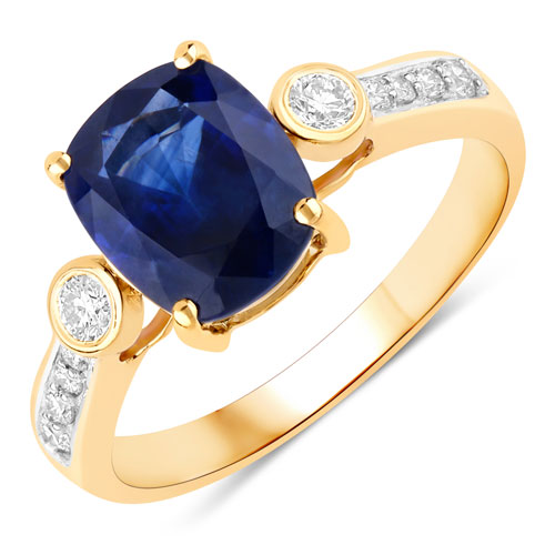 Sapphire-3.02 Carat Genuine Ceylon Blue Sapphire and White Diamond 18K Yellow Gold Ring