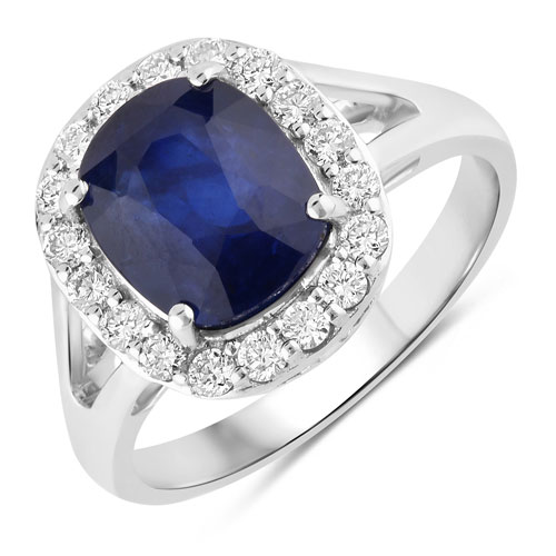 Sapphire-4.32 Carat Genuine Ceylon Blue Sapphire and White Diamond 18K White Gold Ring