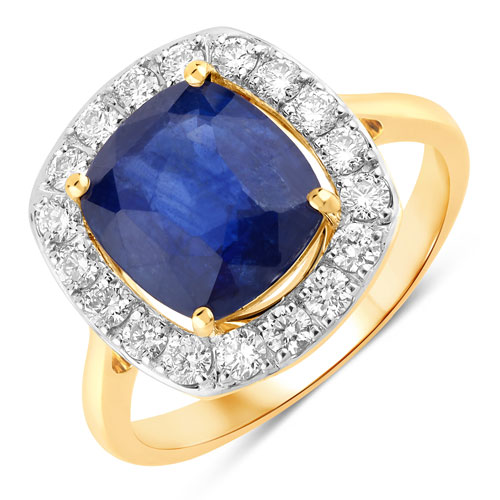 Sapphire-4.50 Carat Genuine Ceylon Blue Sapphire and White Diamond 18K Yellow Gold Ring