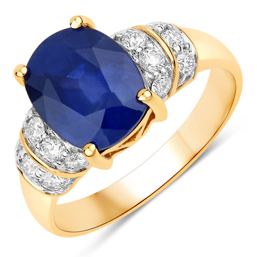 Sapphire-4.26 Carat Genuine Ceylon Blue Sapphire and White Diamond 18K Yellow Gold Ring