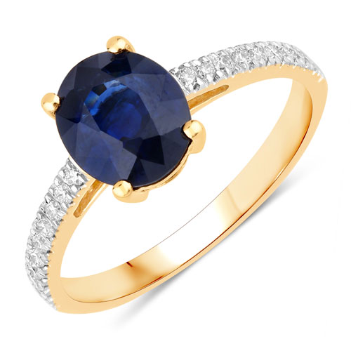 Sapphire-2.19 Carat Genuine Ceylon Blue Sapphire and White Diamond 18K Yellow Gold Ring