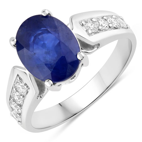 Sapphire-3.04 Carat Genuine Ceylon Blue Sapphire and White Diamond 18K White Gold Ring