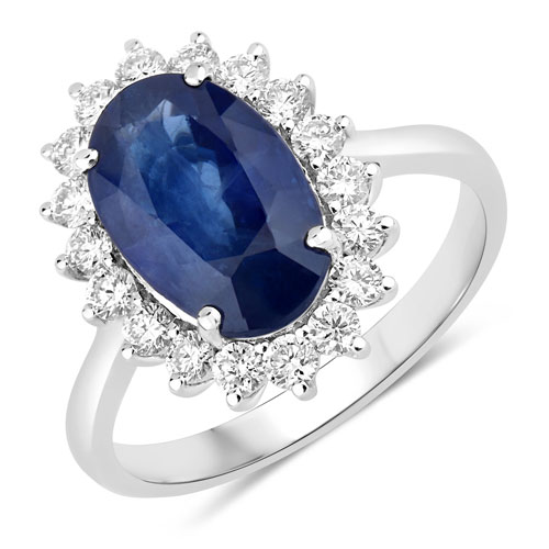 Sapphire-4.42 Carat Genuine Ceylon Blue Sapphire and White Diamond 18K White Gold Ring